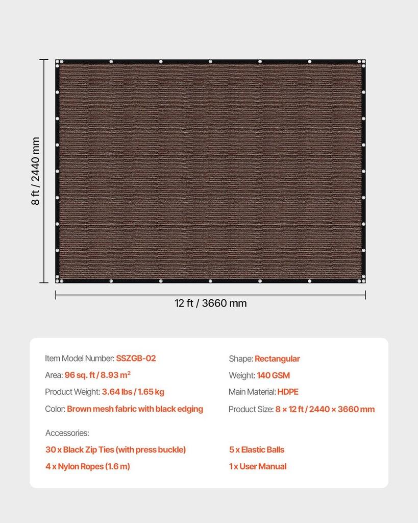 90% Sun Shade Cloth Privacy Screen 8 x 12 ft for Patio Garden (Brown)