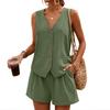 Women's V Neck Single Breasted Sleeveless Vest and High Waist Shorts Casual Two Piece Set with Pockets and Button Closure