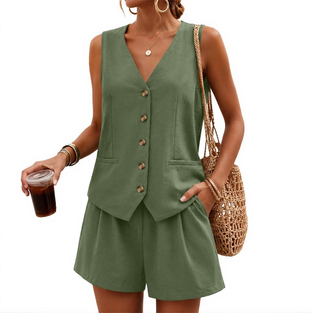 Women's V Neck Single Breasted Sleeveless Vest and High Waist Shorts Casual Two Piece Set with Pockets and Button Closure