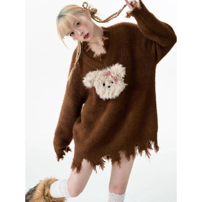 Plush Puppy Women's Round Neck Sweater V-neck Design Oversized Long Sleeved Pullover Autumn and Winter Loose Fashion New Woman Top