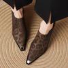 Leopard Print Block Heel High Heels Women Spring and Autumn New Soft Leather Metal Pointed Toe Deep Mouth Single Shoes