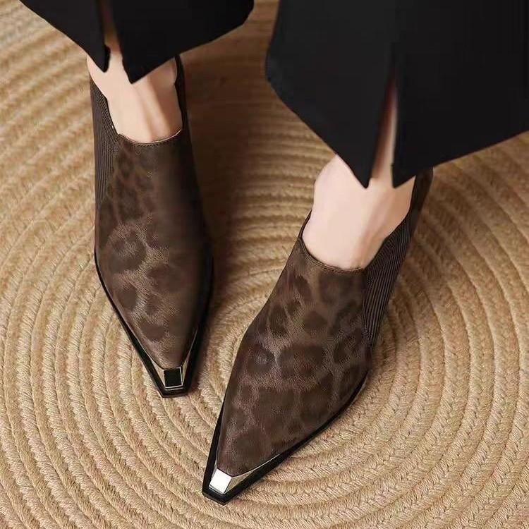Leopard Print Block Heel High Heels Women Spring and Autumn New Soft Leather Metal Pointed Toe Deep Mouth Single Shoes