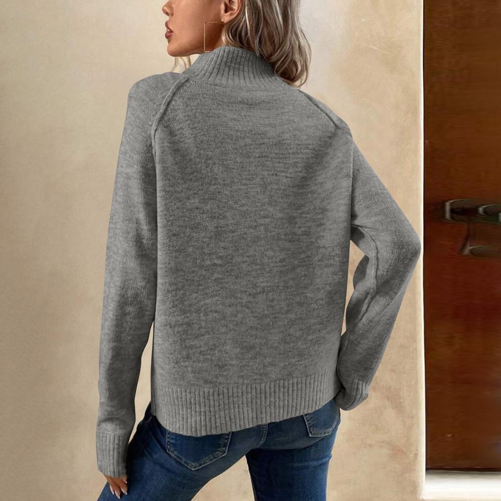 Dámský ležérní pletený svetr se stojáčkem, jednobarevný ležérní volný svetr na knoflíky