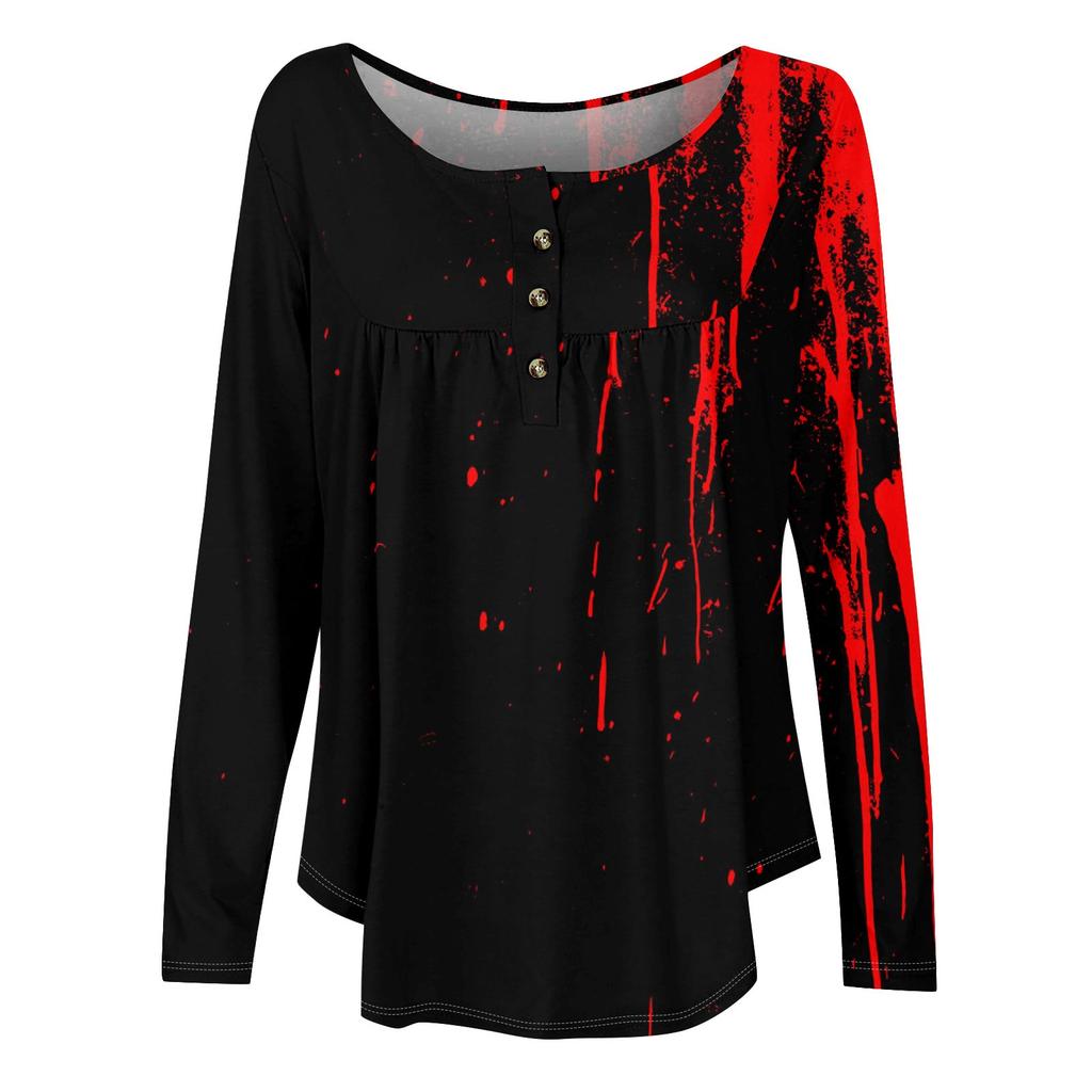 Dam Tunika Långärmad Lös Toppar Casual Oversized Toppar Plisserad Tunika Knäppning Casual Dam Tryckta Toppar