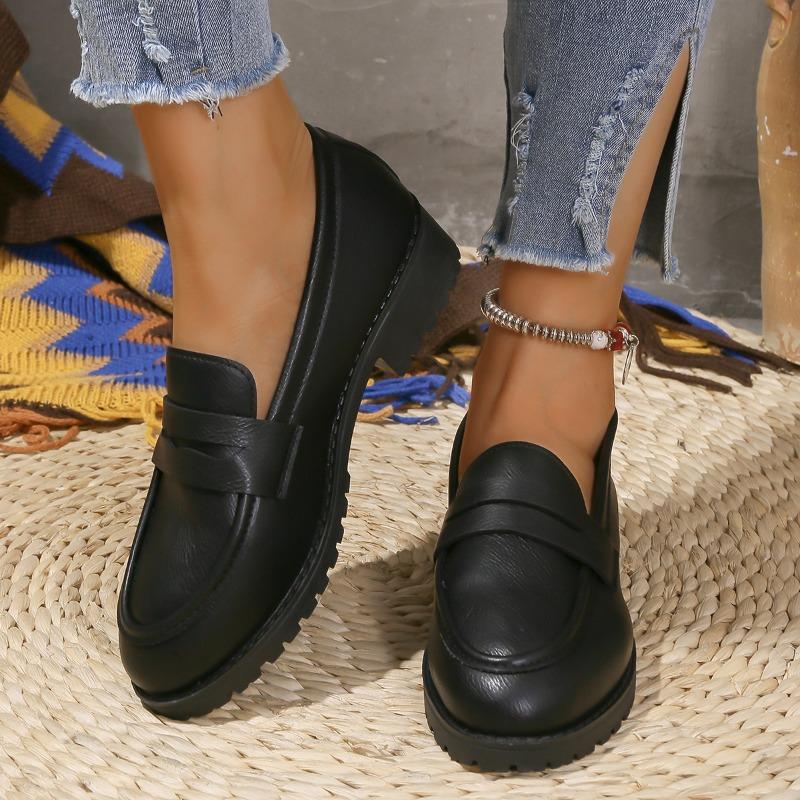 Thick-soled Small Leather Shoes for Women, New Spring and Autumn Style Chunk-heeled Single Shoes, Thick-soled Large-size Versatile Loafers