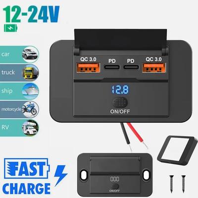 12V 24V USB Surface Mount Charger Panel QC3.0 PD30W Vehicle Boat RV Camper