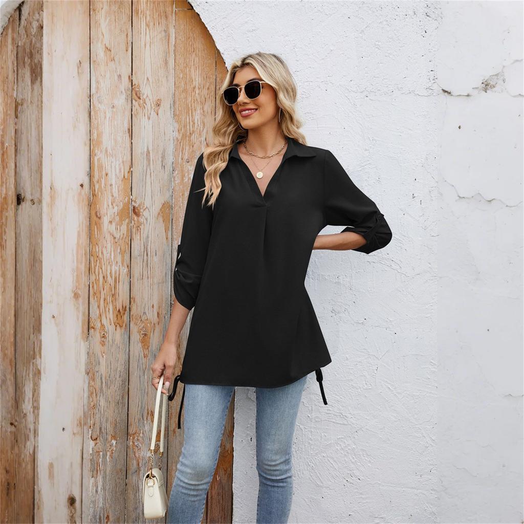 Women's Fashion Casual Solid Color Lapel Mid Sleeve Shirt Loose Top