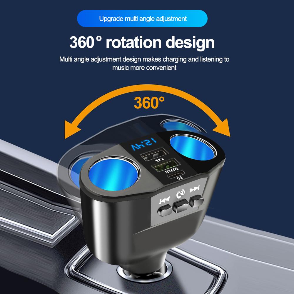 Car Cigarette Lighter Splitter Charger PD+Dual USB Quick Charge Socket FM Transmitters V5.0 Bluetooth Hands-free Call U-disk AUX