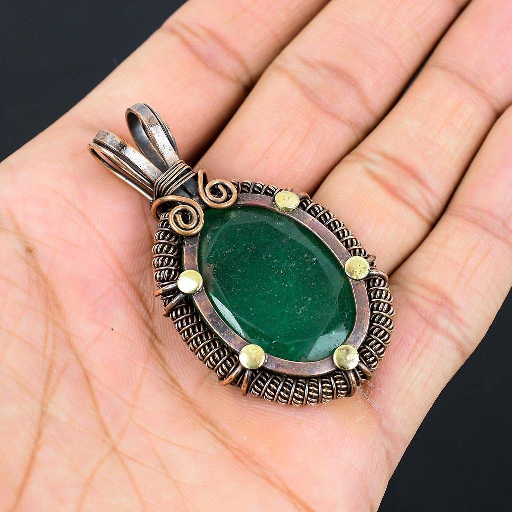 Lab-Created Emerald Gemstone Pure Copper Wire Wrapped Handmade Pendant Jewelry For Her