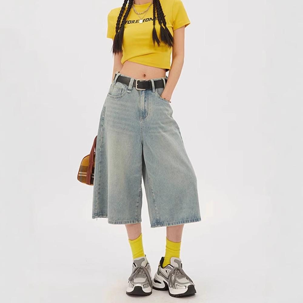 Shorts di Jeans Americani Retro a Vita Alta da Donna - Gamba Larga - Estate 2025 Vestibilità Slim