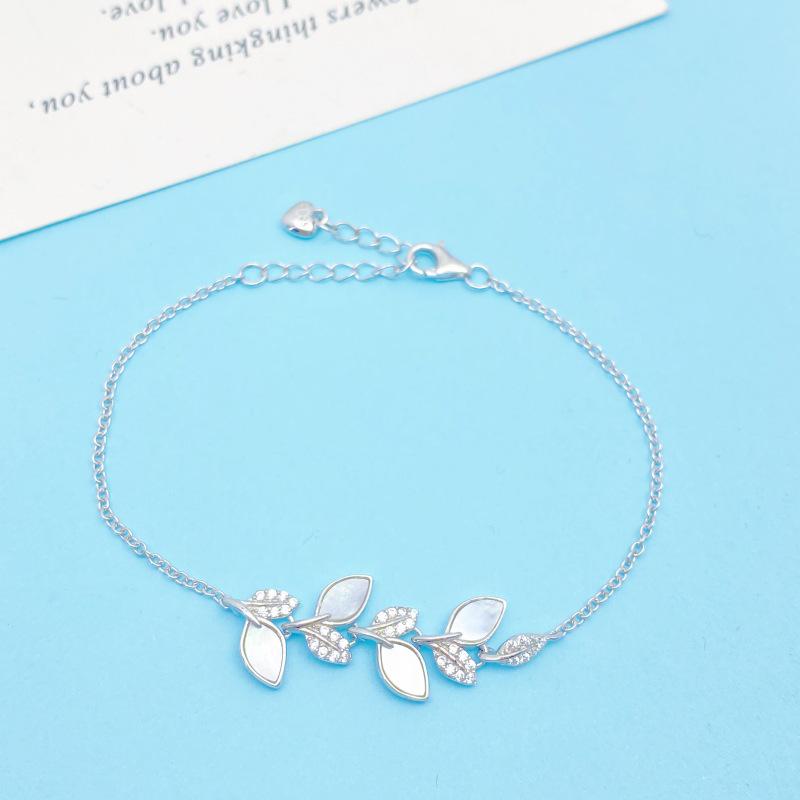 S925 Sterling Silver Leaf Bracelet with Mother-of-Pearl Inlay, Forest-Inspired, Elegant, and Versatile. S925 Silver