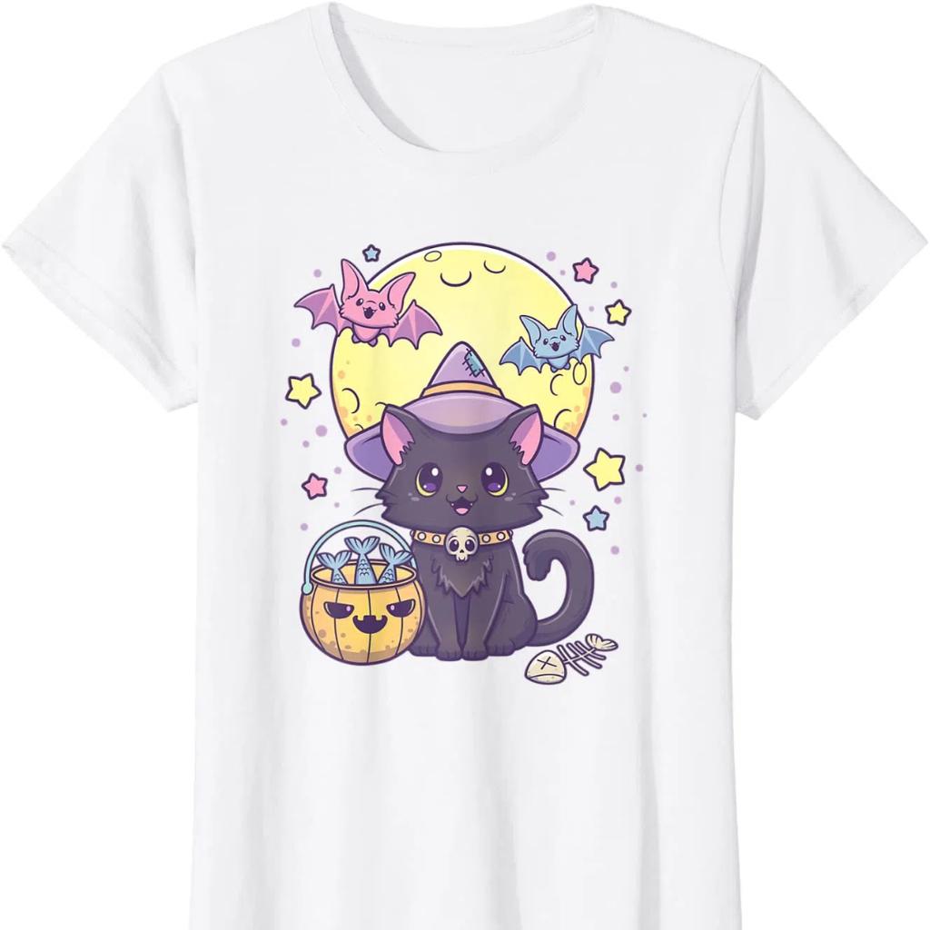 Kawaii Pastel Goth Cute Creepy Halloween Black Cat Witch Hat T-Shirt