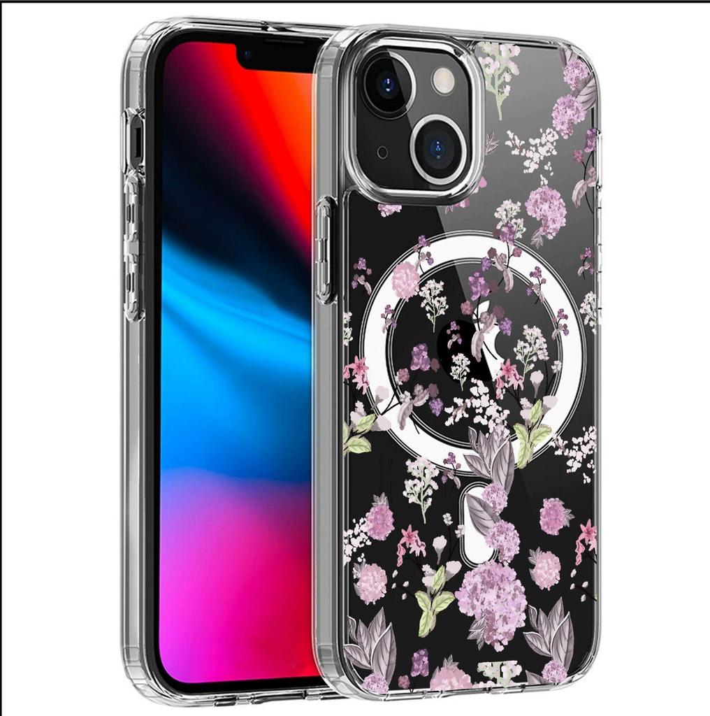 Small Purple Floral Magnetic Case for iPhone 15/16/17 Pro Max - Transparent Full Coverage