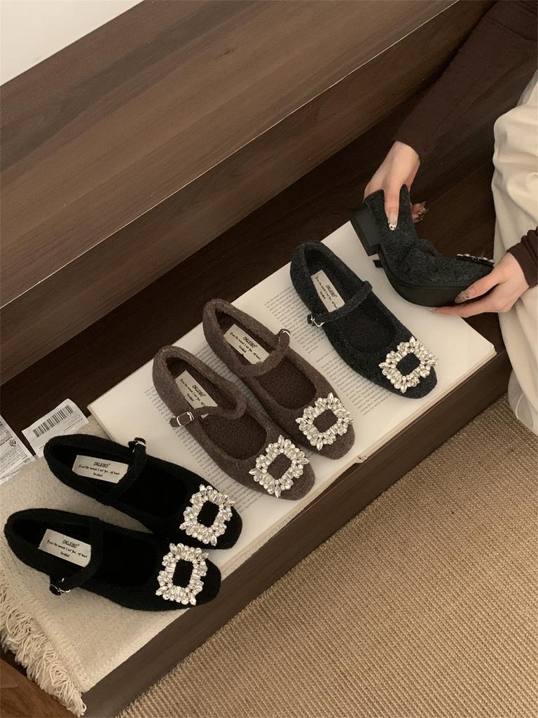 Xiaoxiangfeng Woolen Rhinestone Square Head Fluffy Mary Jane Shoes Women's Autumn and Winter Velvet Cotton Shoes Middle Heel Ladyshoes Women's Single