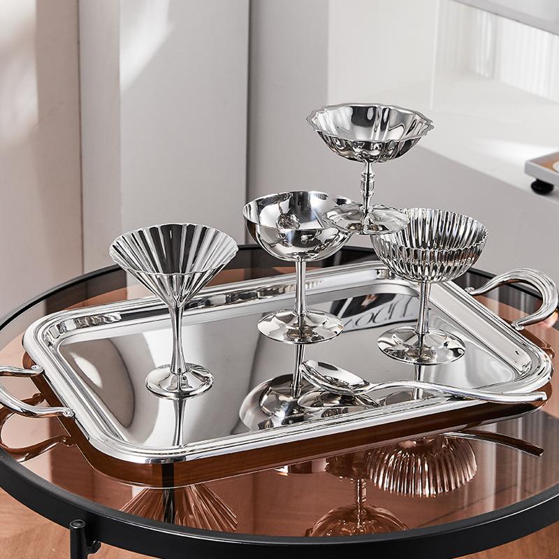Stainless Steel Retro Dessert Cup High Base Ice Cream Goblet Shatterproof Reusable Salad Bowl for Home Kids Party Use