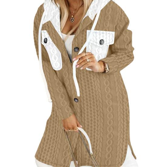 Langer Cardigan für Damen, übergroßer Cardigan mit Kapuze, gemütlicher Kapuzenpullover mit gedrehtem Muster, Kontrastfarbe für dicke Damenjacke