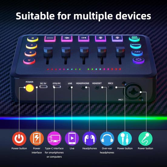 Gaming Audio Mixer Card Independent Channel External Sound Control Bluetooth-compatible Streaming RGB PC