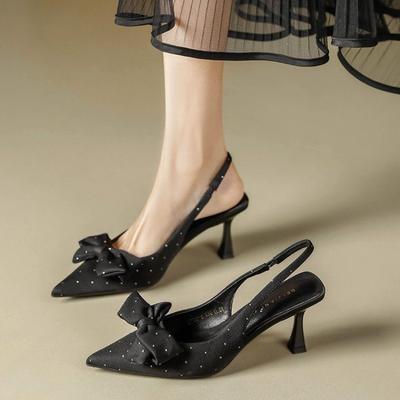 Rhinestone Bow Pointed Head Thin Heel High Heel Single Shoes Women's Word with Temperament Bag Head Sandals Summer
