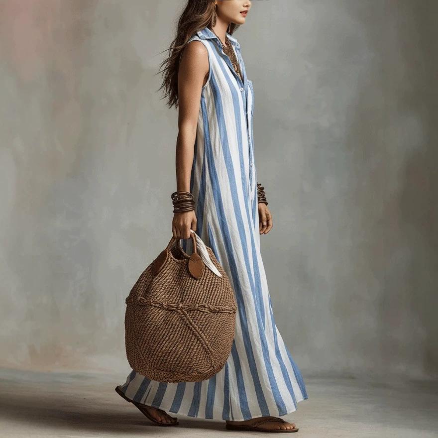  European and American Independent Station Bohemian Fashion Blue and White Striped Sleeveless Dress
