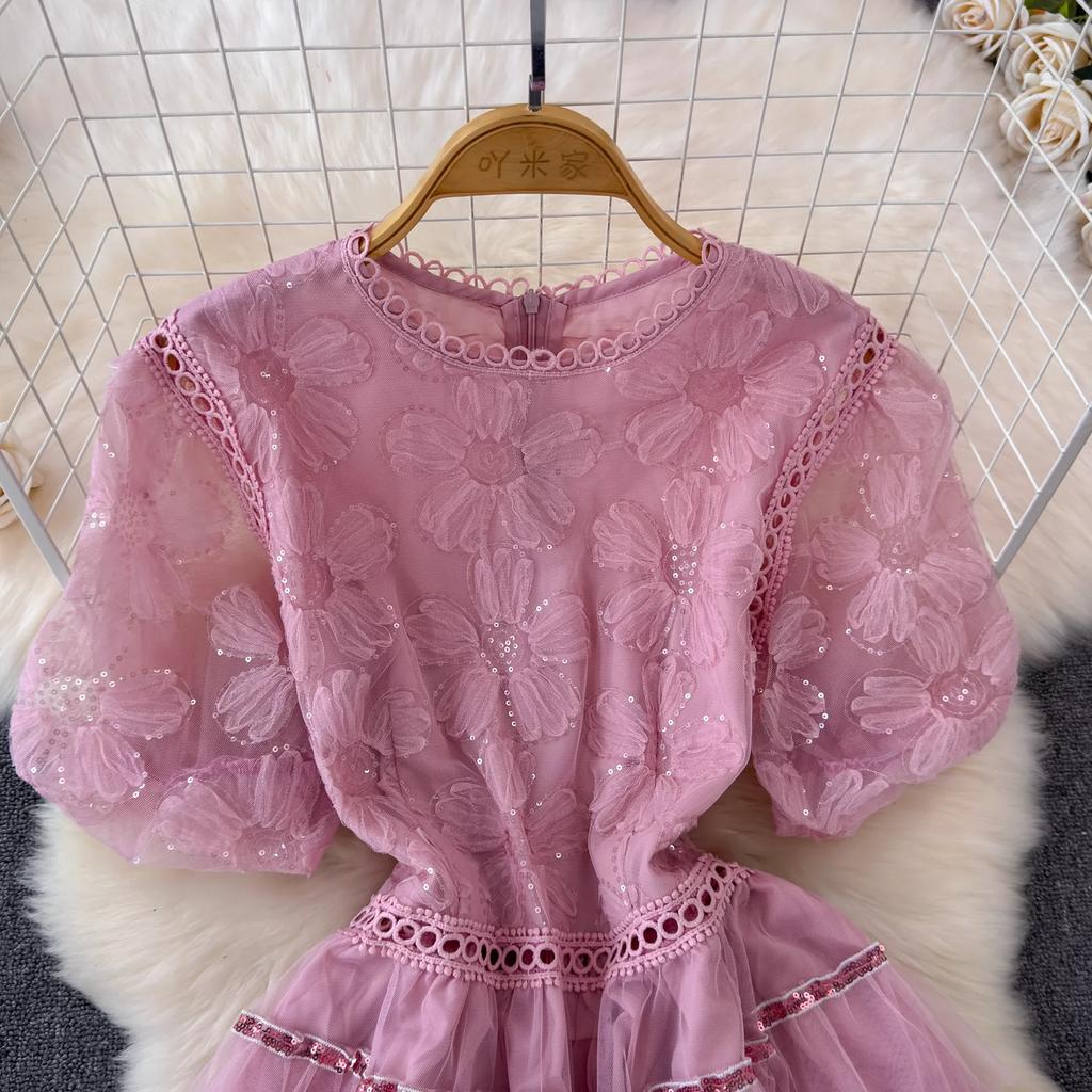 Letní dámské sladké flitrované květinové růžové síťované duté společenské šaty