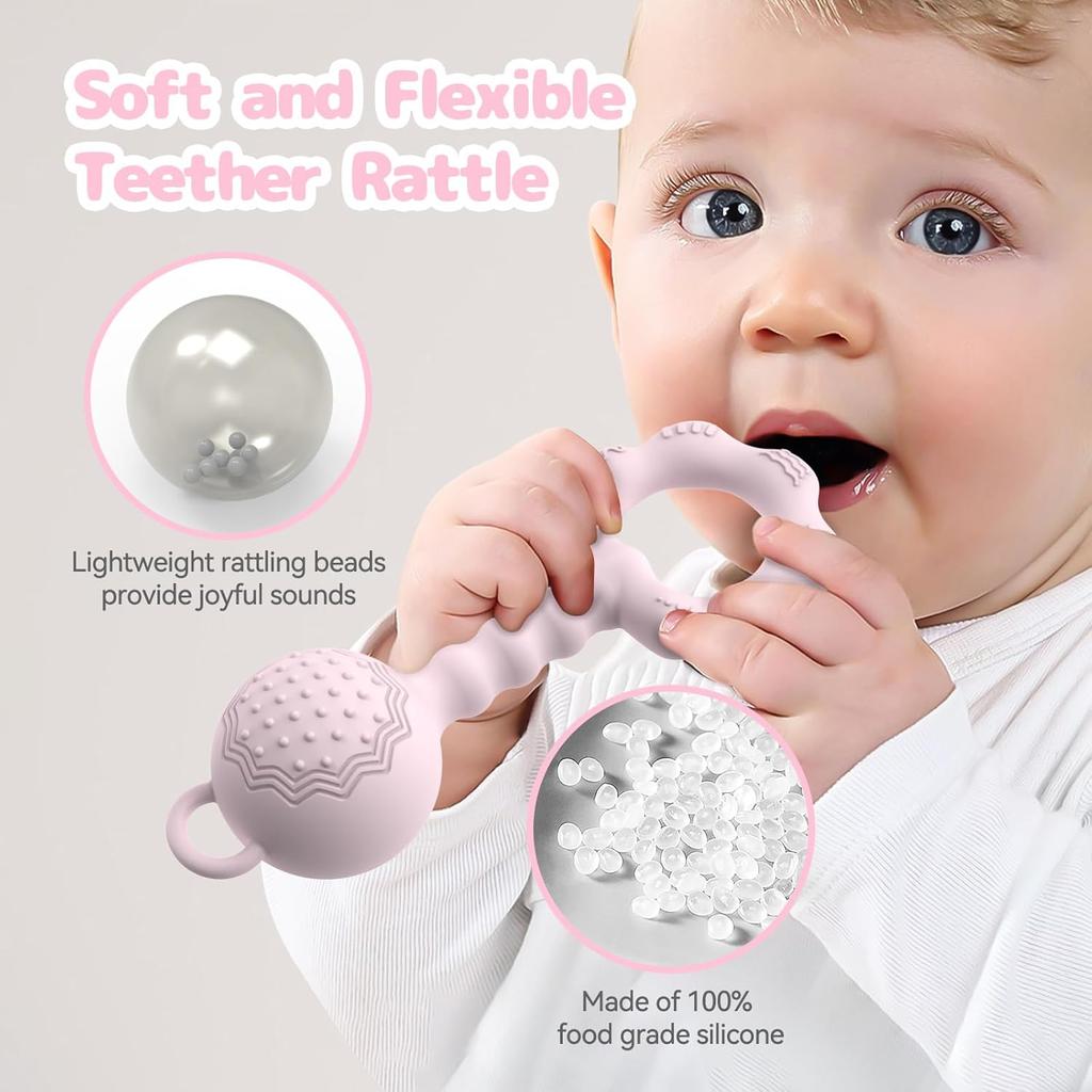 Zeguer 2-in-1 Baby Teether Toy, Soothes Gum Pain, Rattle Sound, Food-Grade Silicone, BPA-Free, Pink