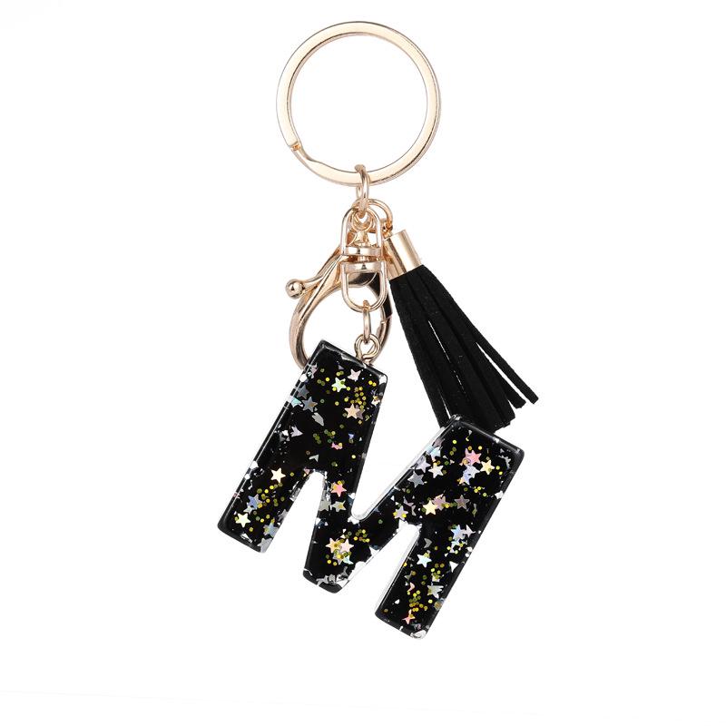 Black Resin Keychain with English Letter Pendant and Tassel