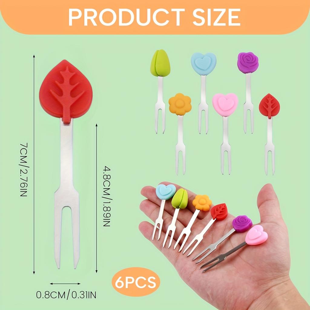 6pcs Mini Fruit Forks with Colorful Silicone Decorations - Stainless Steel, Reusable, Easy To Clean, Ideal for Desserts and Snacks, Snack Accessories