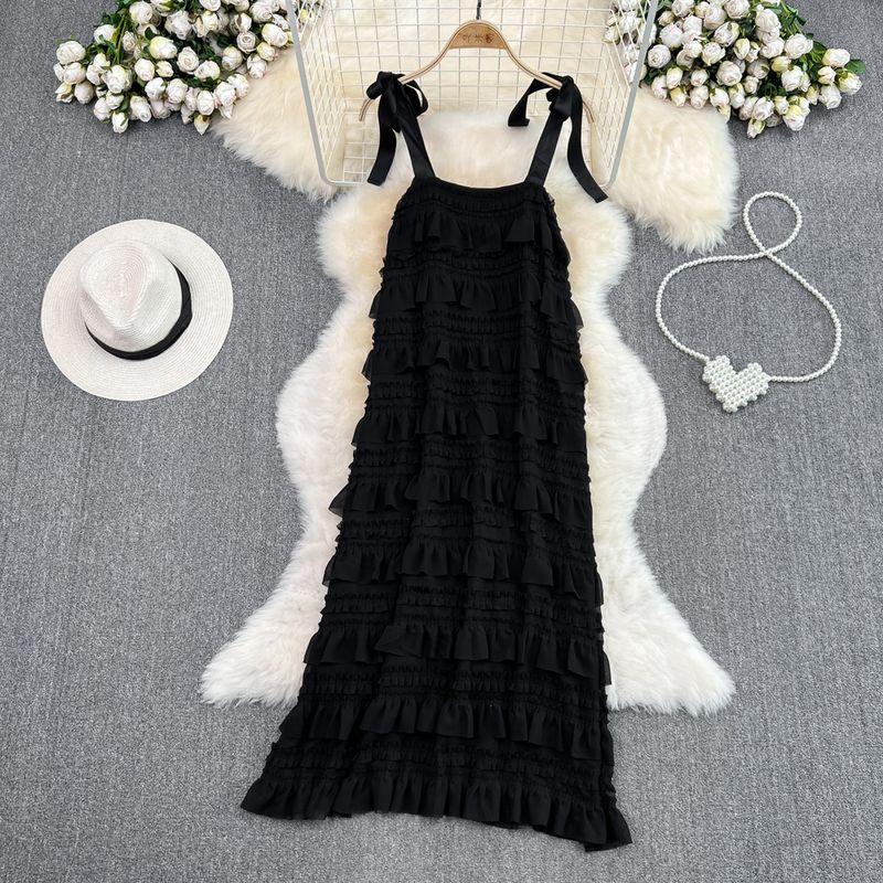 

French Style Gentle Pure Desire Wooden Ear Ruched Suspender Skirt Seaside Holiday Loose Sleeveless A- line Cake Dress Black L