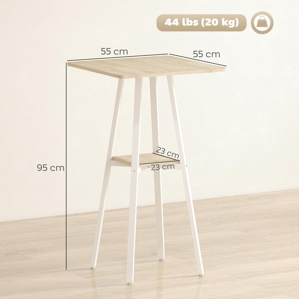 Square bar table for 2 people, high kitchen standing table with shelf, 55 x 55 x 95 cm, natural and white