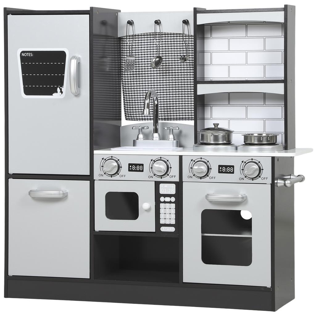 Dřevěná kuchyňka pro děti od 3 do 8 let s příslušenstvím, lednicí, dřezem a knoflíky se zvuky, hnědá