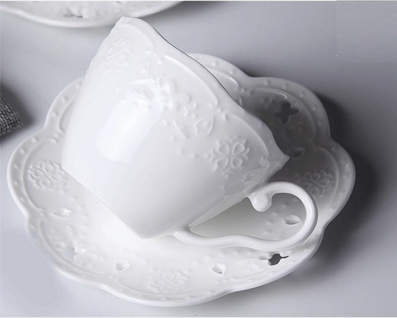 200ML. White Embossed Porcelain Tazas Cafe Cup and Saucer, Ceramic Cappuccino Cup, Vintage Latte Cup, Turkish Tea Cups, Tazze