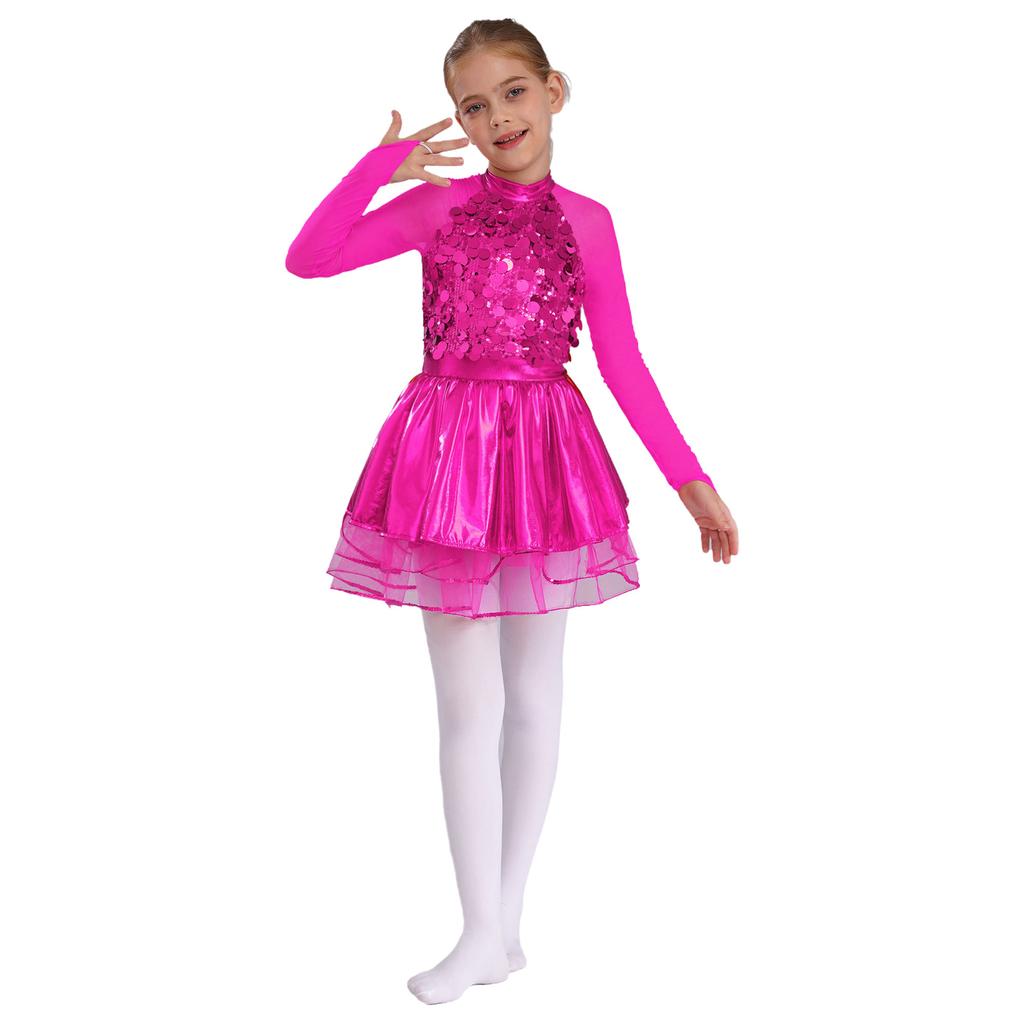 Mädchen Metallic Tutu Kleid Pailletten Durchsichtiges Mesh Langarm Design Schlüsselloch Rücken Funkelndes Tanzkostüm
