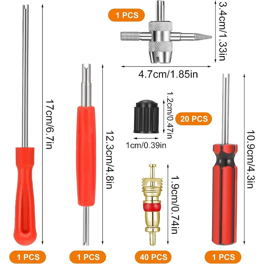 64 kusů Nástroj na opravu ventilových vložek, 3 kusy Odstraňovač ventilků pneumatik pro auto a kolo, 1 kus 4cestný Nástroj na ventilové vložky, 20 kusů Krytky ventilků pneumatik, 40 kusů Ventilových vložek