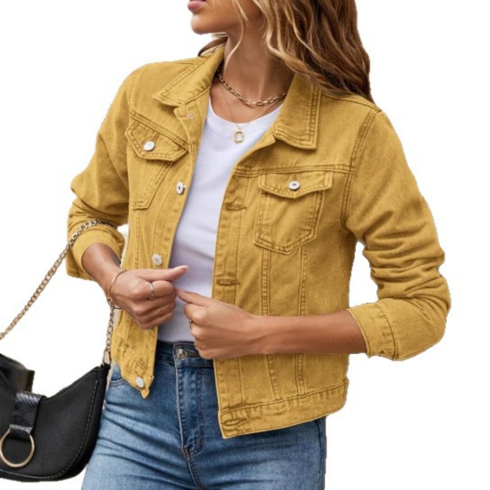 Damen Mode Revers Denim Jacke, Trendiger Einreiher mit Taschen