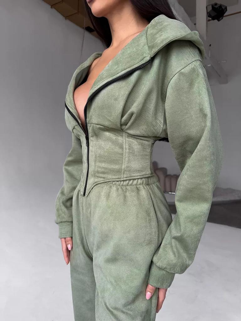 Olivgrüner Kapuzen-Reißverschluss-Romper-Jumpsuit