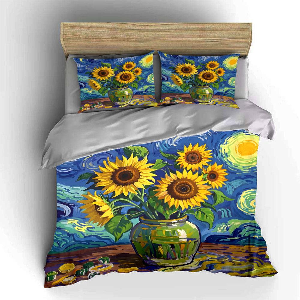 Sunflowers in Starry Sky Bedding Duvet Cover Set (1*Duvet Cover 2*Pillowcases, without duvet insert)