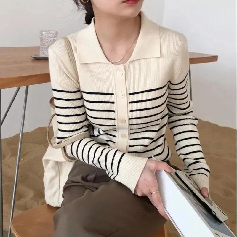 Polo Neck Striped Knitted Cardigan Women's Autumn and Winter Long Sleeve Knitted Warm Coat Sweater