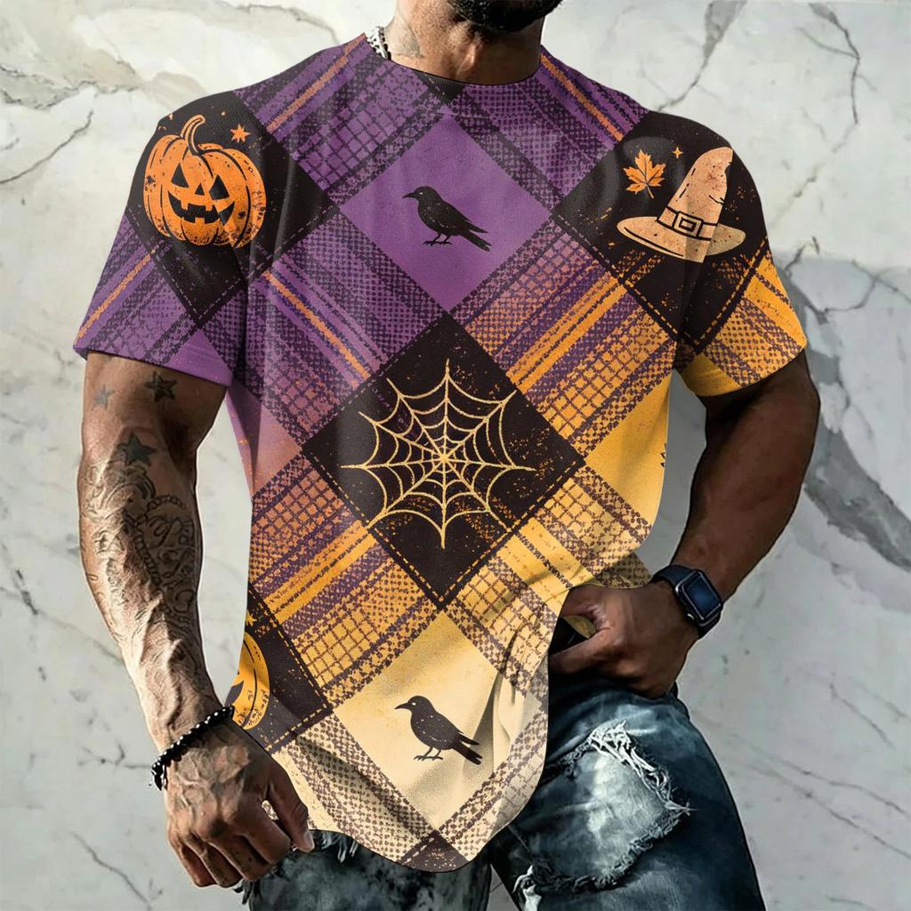 Men's Halloween Vintage Short Sleeve T Shirt Loose Breathable Summer Sports Street Casual Everyday Top with Pumpkin and Bat Print