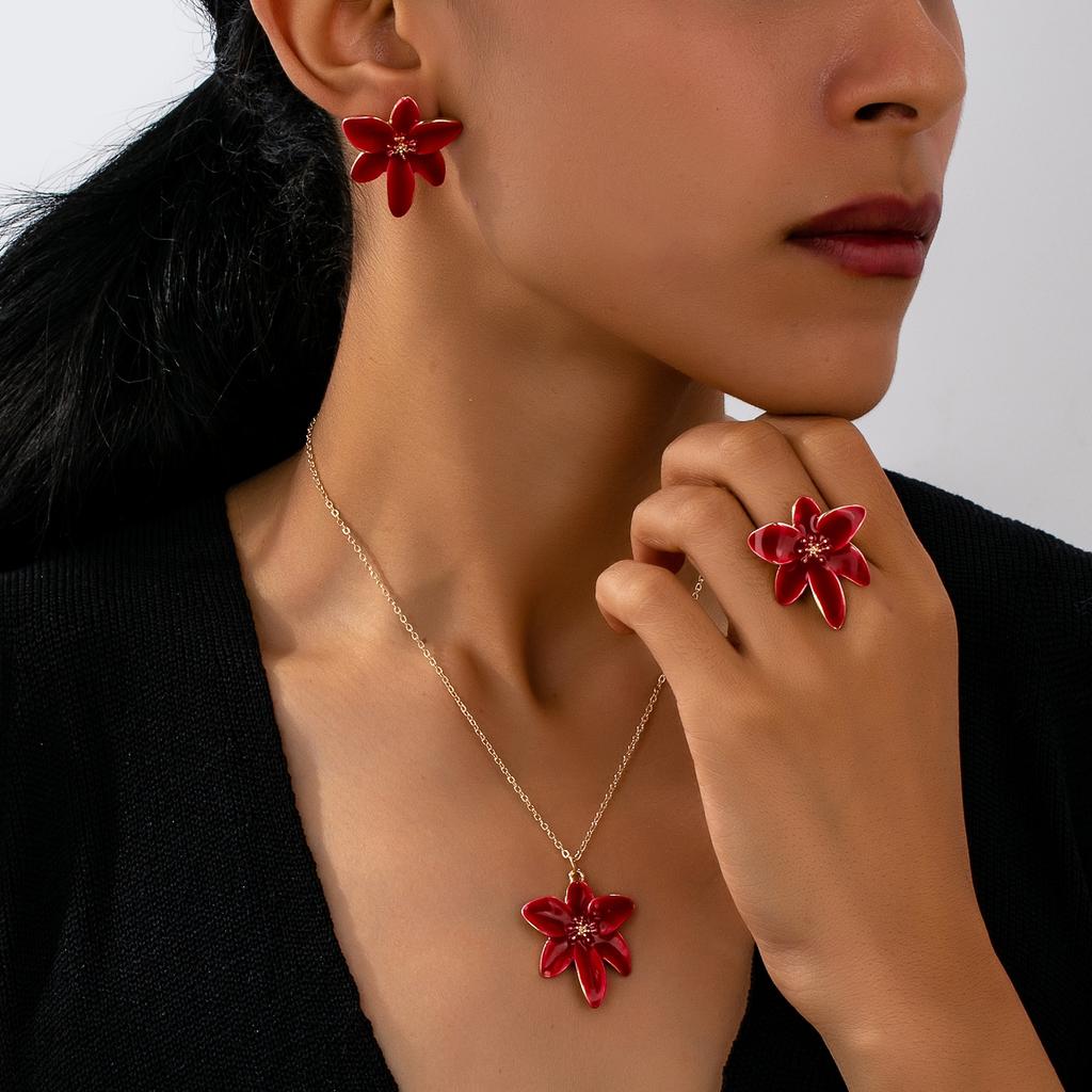 Set di Gioielli da Donna, Anello Fiore Rosso, Orecchini e Collana, Adatto per l'Uso Quotidiano e per le Vacanze