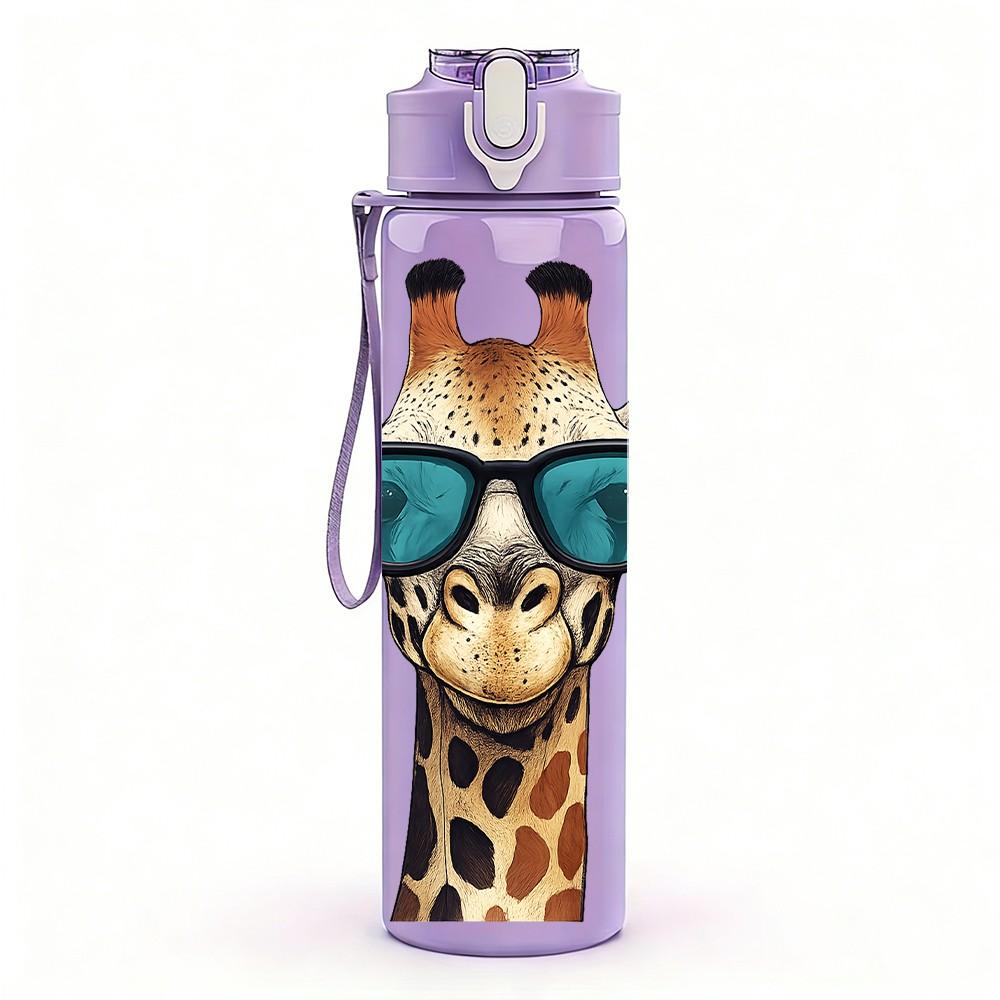 1PC Cool Sunglasses Giraffe Animal Pattern 750ml Color Plastic Sports Water Bottle Leakproof Flip Straw Lid Suitable for Sports Office Home Use