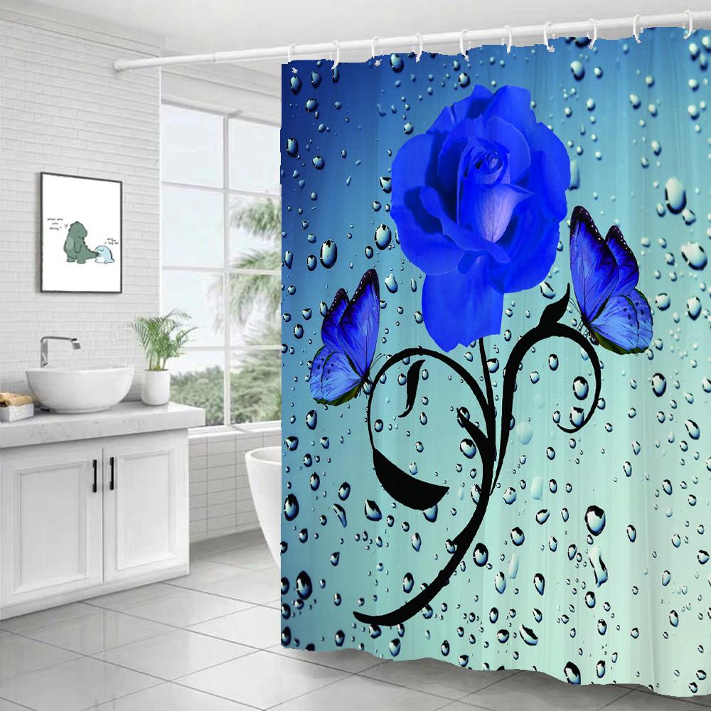3D Butterfly Flower Fabric Waterproof Shower Curtain Bathroom Curtains Set Blue Pink Rose Non-Slip Rug Toilet Lid Cover Bath Mat