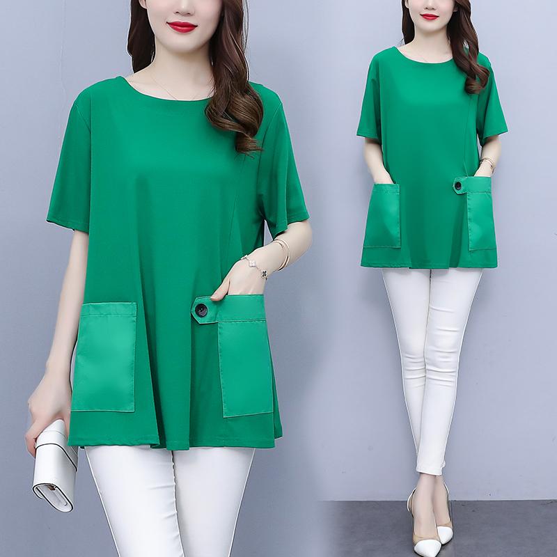 

DIMANAF 2025 Лето Женская Базовая Футболка Большого Размера Винтажная Оверсайз Модная Повседневная Свободная С Карманами Топы Футболки 5XL зелёный