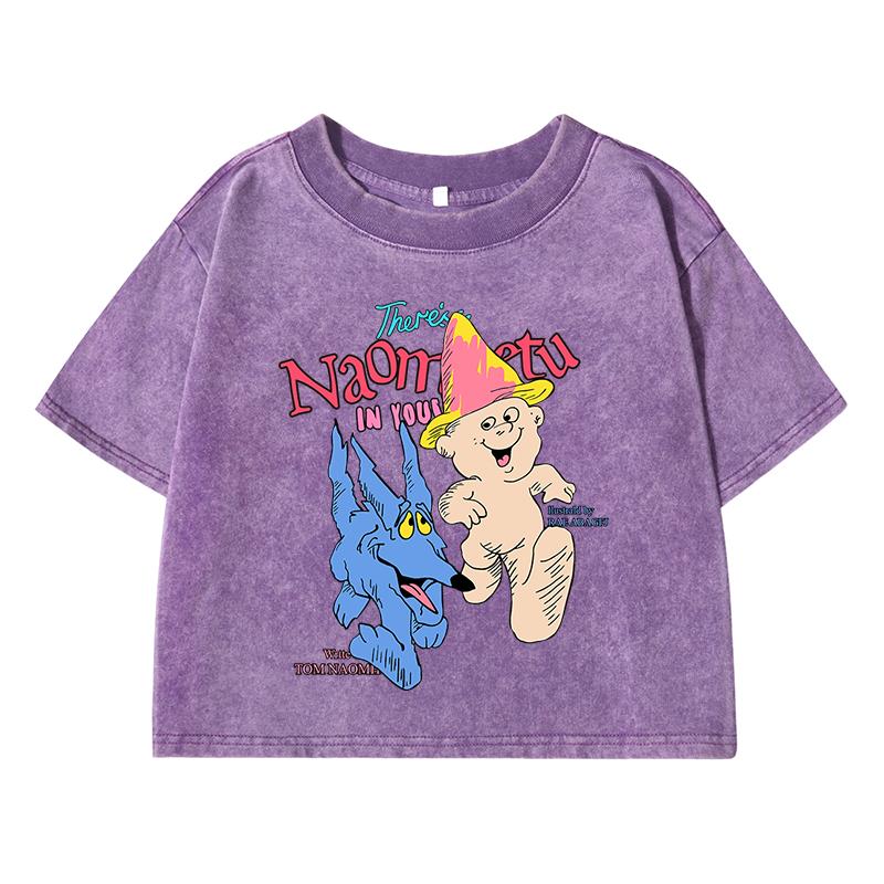 Pet Dinosaur American Printing Women Washed Short T-Shirt Soft  Street Distress T Shirts Breathable Midriff-Baring Tshirt