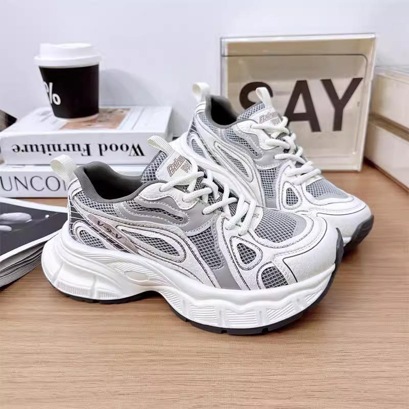 Platform Dad Shoes Women's Spring New Versatile Round Head Leather Mesh Sports and Leisure Shoes