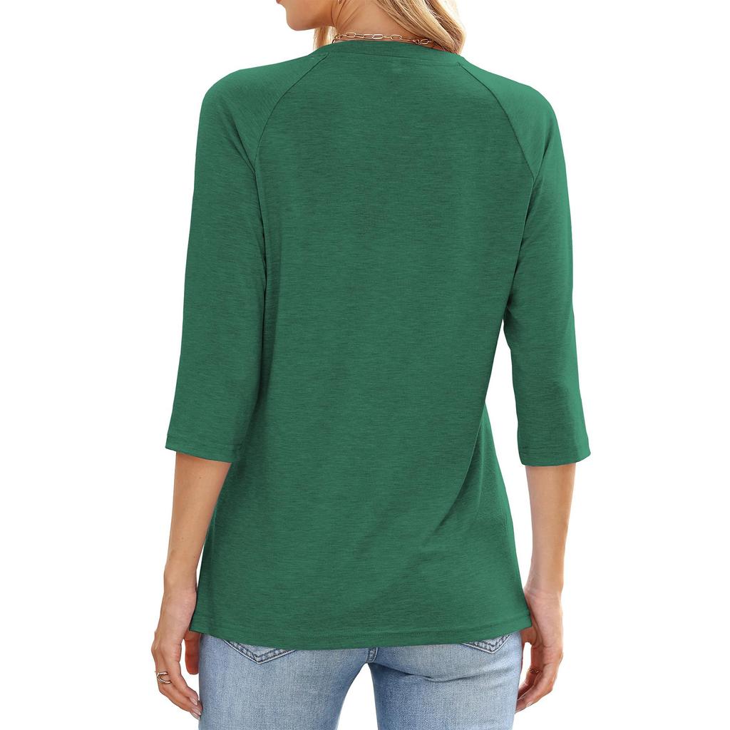 Women's Color Casual Fashion Round Neck Button Seven Quarter Sleeve Top