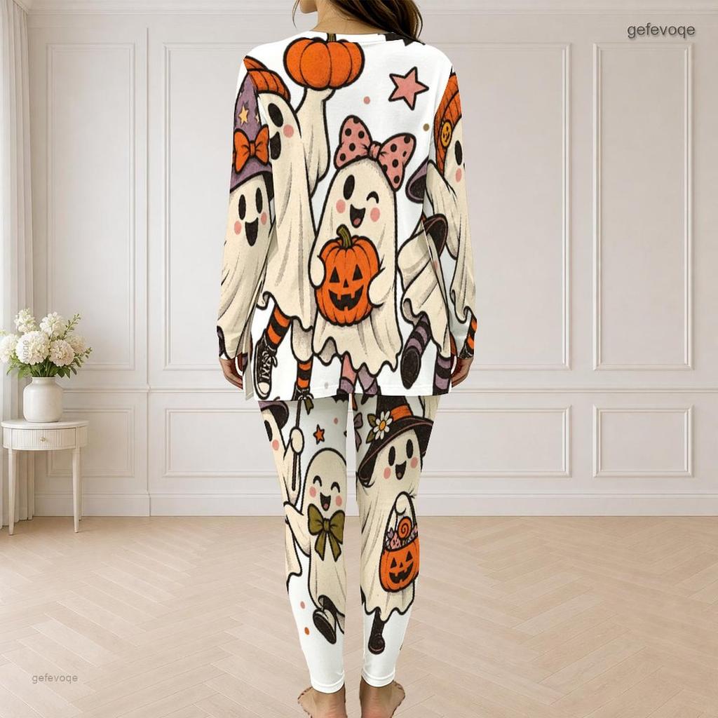 Women Plus Size White Halloween Ghost Printed Two Piece Set Half Zip Long Sleeve Top And Fitted Pants