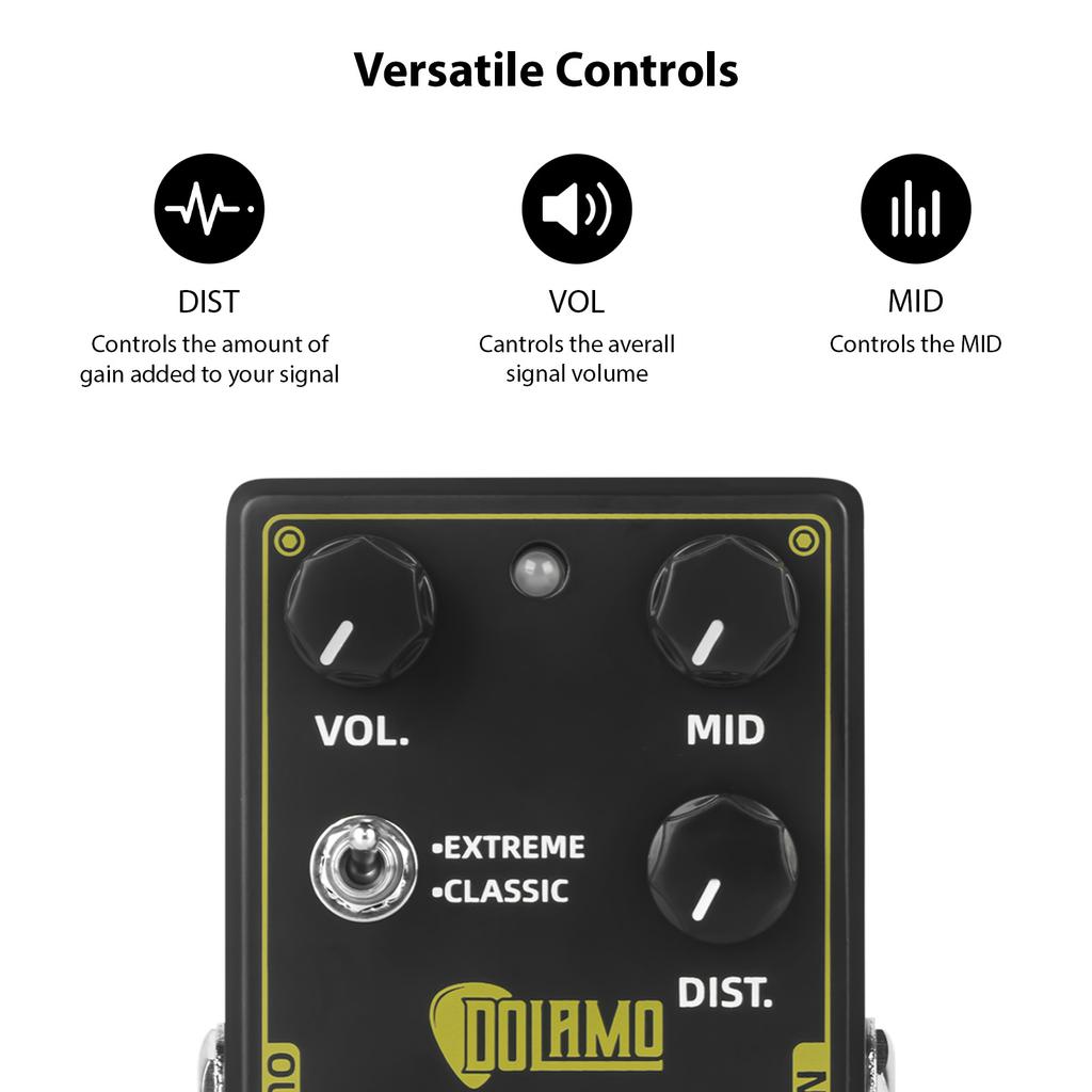 Dolamo Heavy Metal Guitar Effects Pedal High Gain Distortion Volume Mid DC 9V 6.35mm Input Output Interface Extreme and
