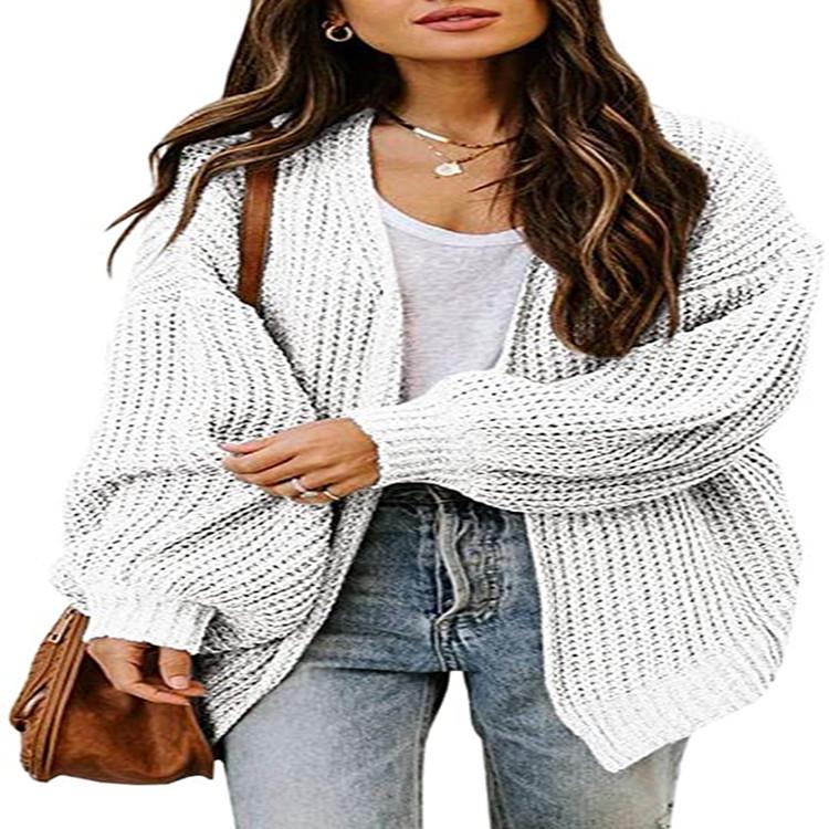 2025 Women's Plus Size Loose Knitwear Cardigan with Lantern Sleeves - Solid Color European and American Style Sweater.