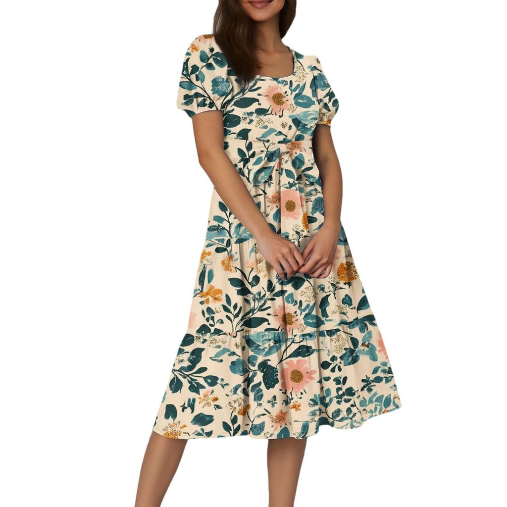 Women's Summer Floral Print Short Sleeves Neck Waistband Bohemian Flowy Layered Maxi Dress With Pockets