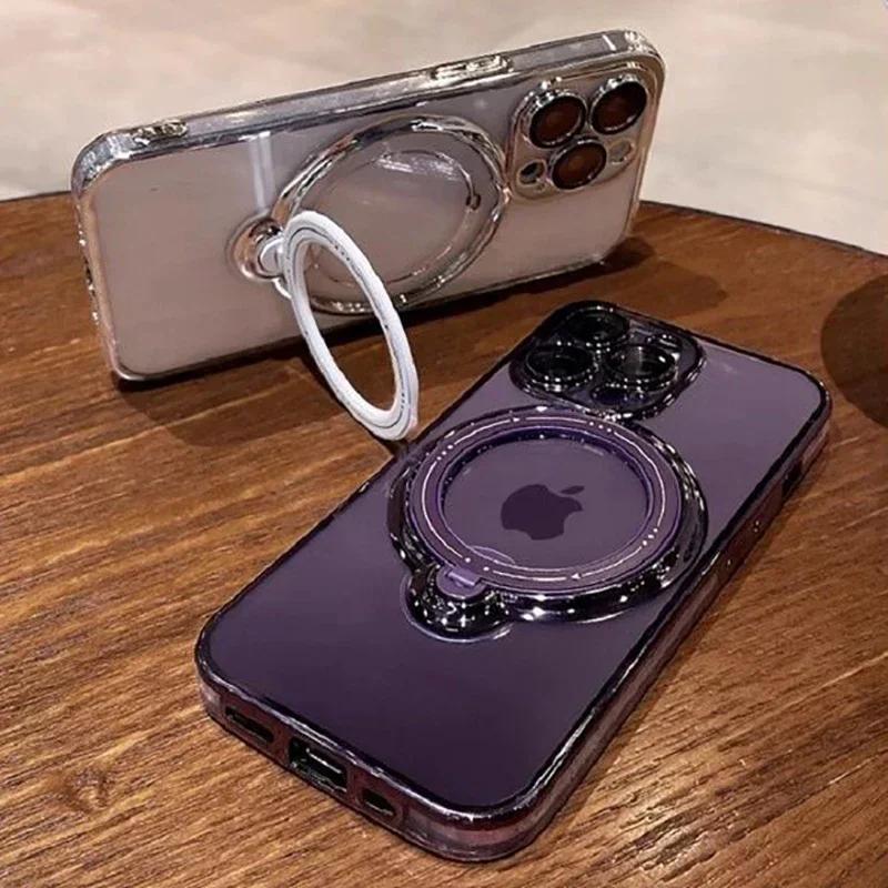 Husă de telefon cu suport în picioare transparent pentru iPhone 15 14 13 12 11 Pro Max Plus X XR XS Max pentru husă de protecție cu inel magnetic Magsafe
